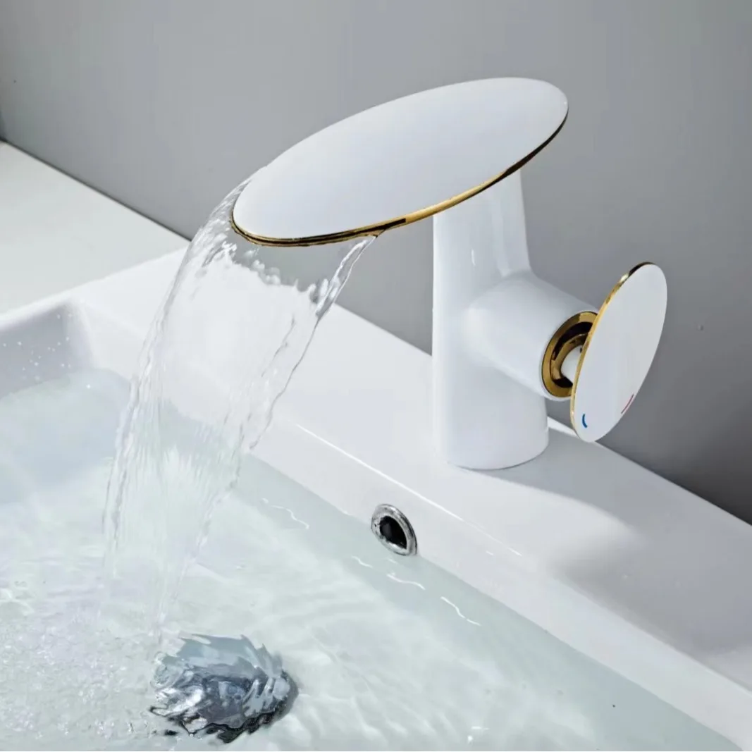 Modern Luxury White Gold Bathroom Faucet Sink Brass Unique Design Waterfall Basin Mixer Taps