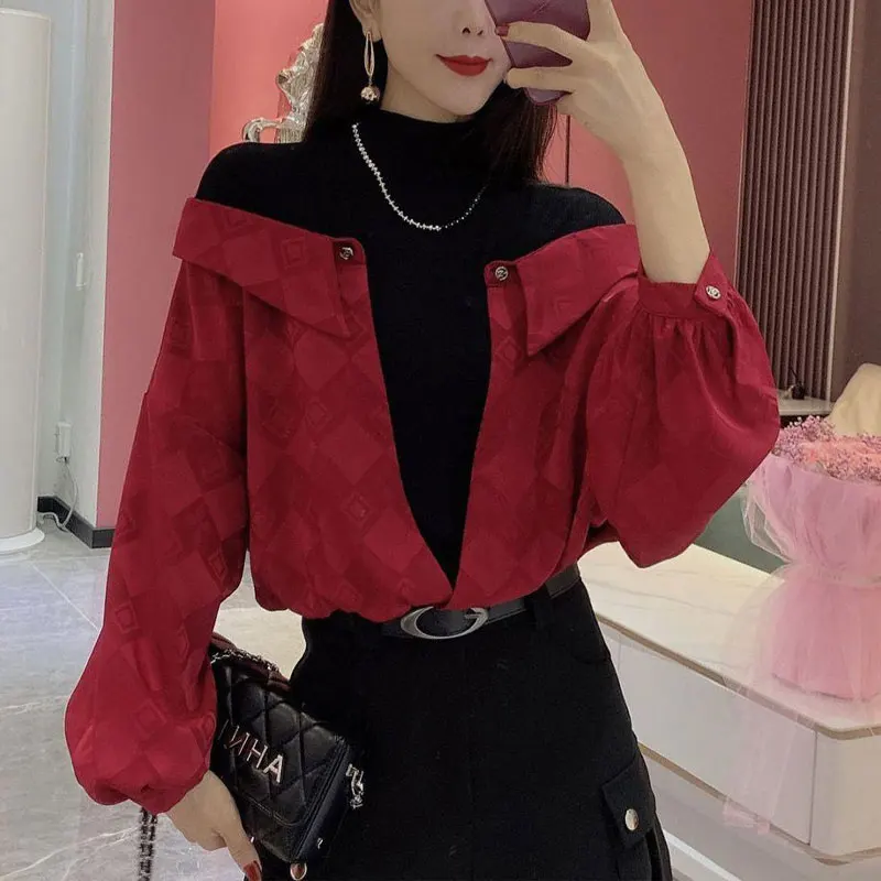 Fashion Fake Two Pieces Spliced Blouse Female Clothing Korean Half High Collar Loose Spring Autumn Commute Plaid Printed Shirt