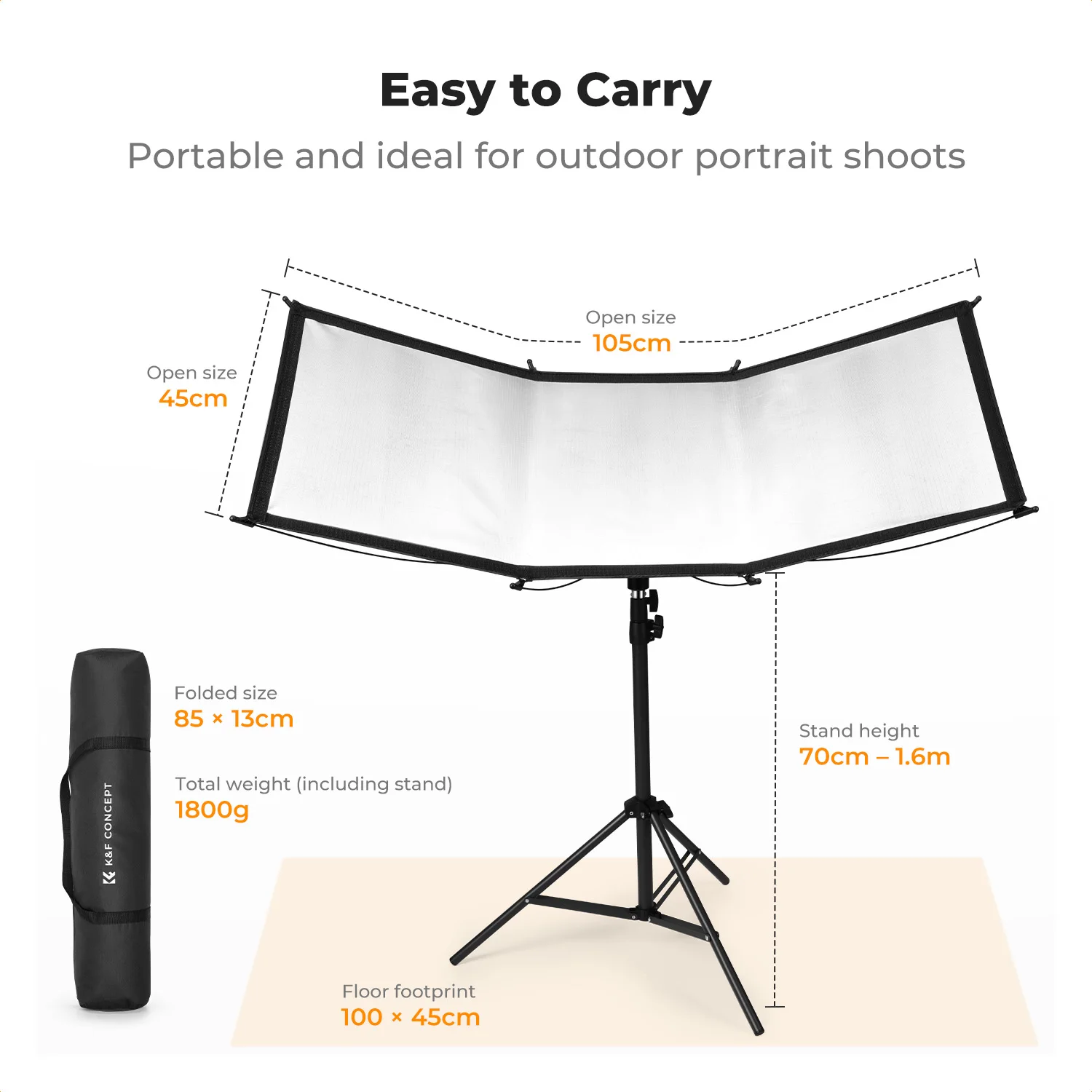 K&F CONCEPT 105cmx45cm Quick-Open U-Shape Curved Reflector with 4-in-1 Reflective Fabric 1.5m Photography Studio Light Stand&Bag