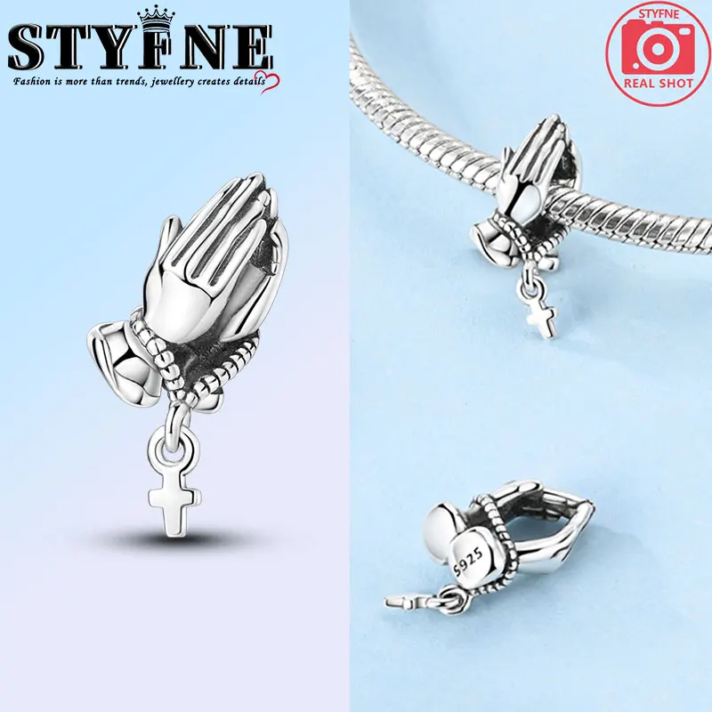 Symbols Beads 925 Sterling Silver Praying Hands with Cross Necklace bracelet charms for Women's Jewelry DIY Pulseras Gift