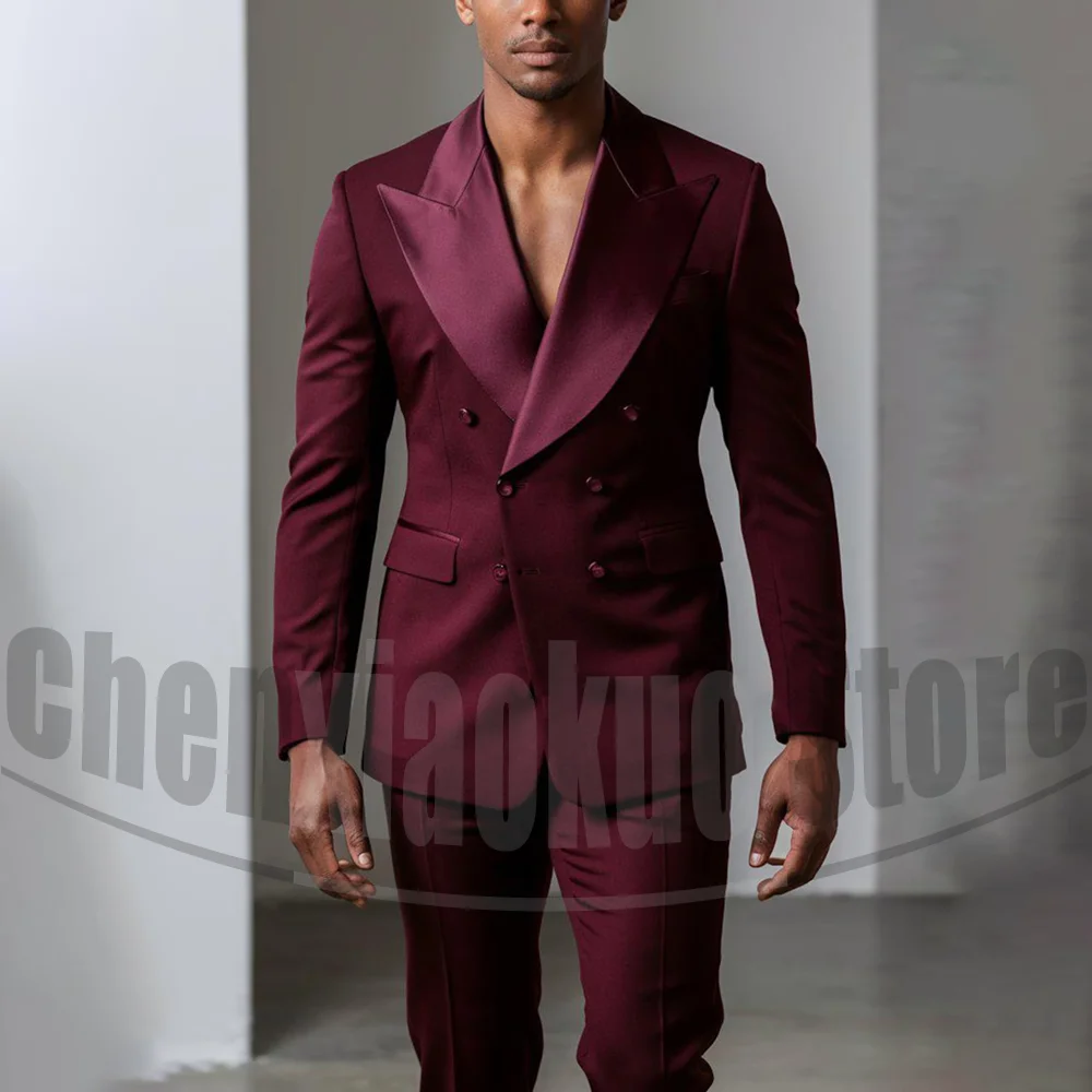 

Мужской бордовый костюм с атласными лацканами, приталенный элегантный смокинг для свадебной вечеринки, модный формальный мужской костюм по индивидуальному заказу