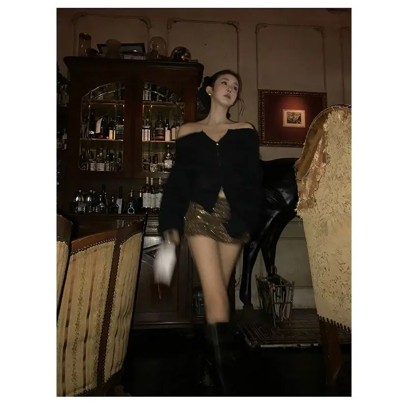 Deeptown vintage sexy fora do ombro camisola feminina estilo coreano marrom zíper cardigan slash neck causal sólido manga longa jumpers