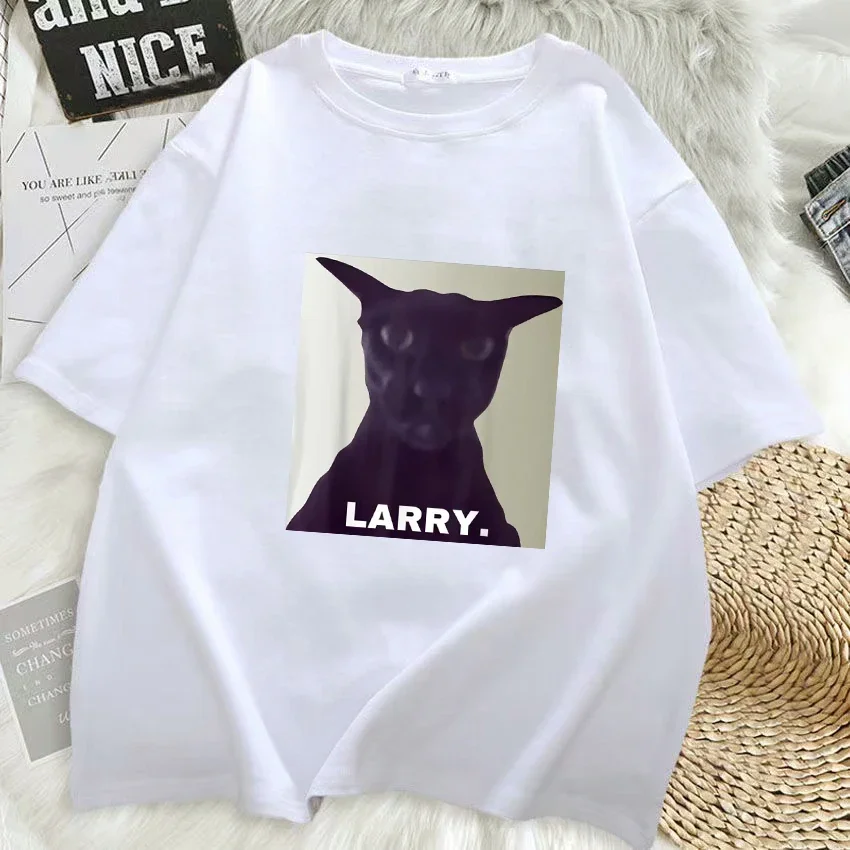 Kawaii Evil Larry Cat T-Shirt Women Funny Summer Loose Short Sleeve T-shirt Kitty Cat Lover Streetwear Tees Y2k Clothing Top