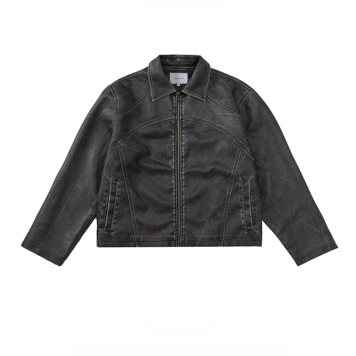 

Retro American Sle Men's Leather Jaet Distred Waed out Simple Collar Long Sve Zipper Closure Outerwear Coat