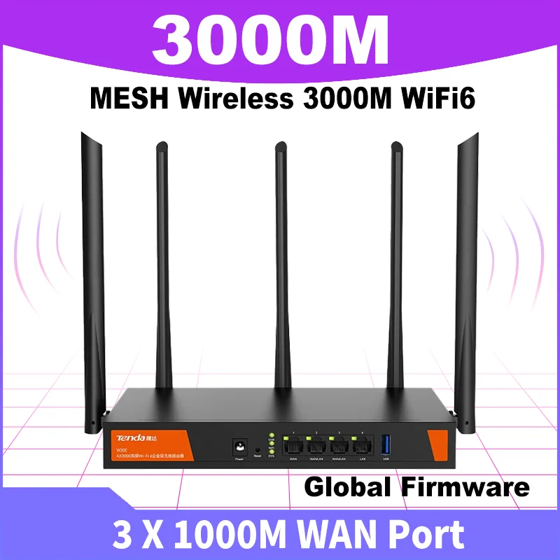 Tenda W30E AX3000 Wireless Enterprise Wifi6 Router 5G for Office Internet Hotspot Café Large House Upto 80 Wi-Fi /200 Cable User