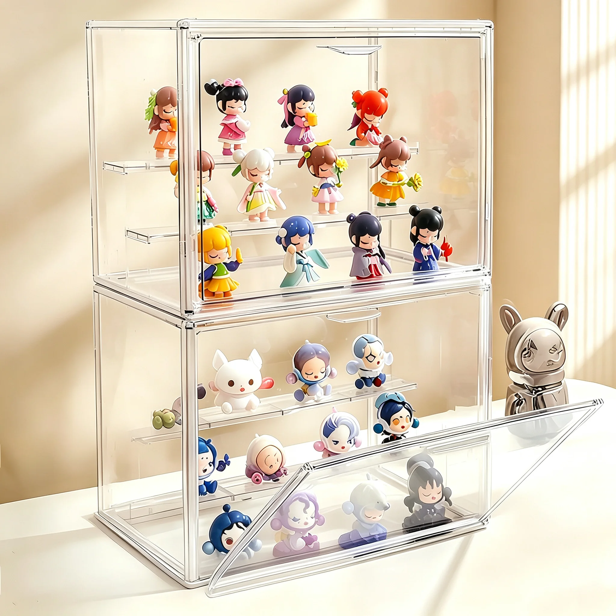 3 Tier Clear Stackable Acrylic Display Case with Magnetic Door, Dust-proof Showcase ，2 Movable Dividers Storage Organizer Box