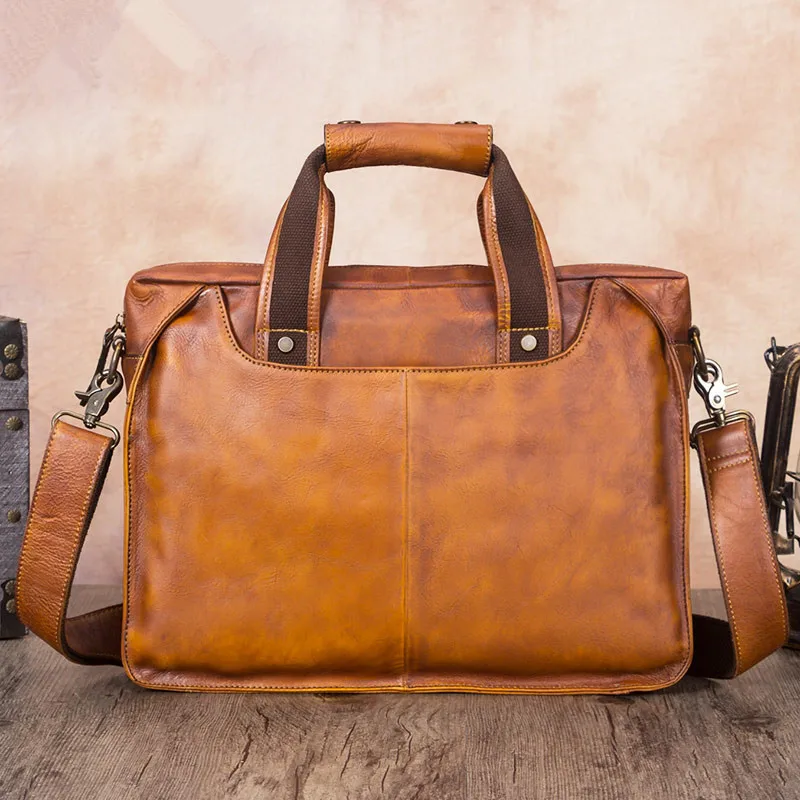 Maleta de couro genuíno vintage, bolsa de laptop artesanal masculina, bolsa de ombro de couro real, sacos mensageiro