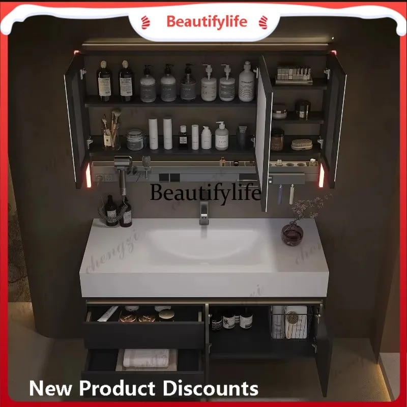 E182 Light luxury bathroom cabinet rock slab, bathroom suspension intelligent lamp mirror cabinet hand basin combination
