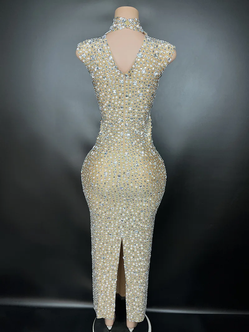 Customized New High Collar Rhinestone High Elastic Sequins Sexy Tight Dress Birthday Party  Dress Performance Longuette