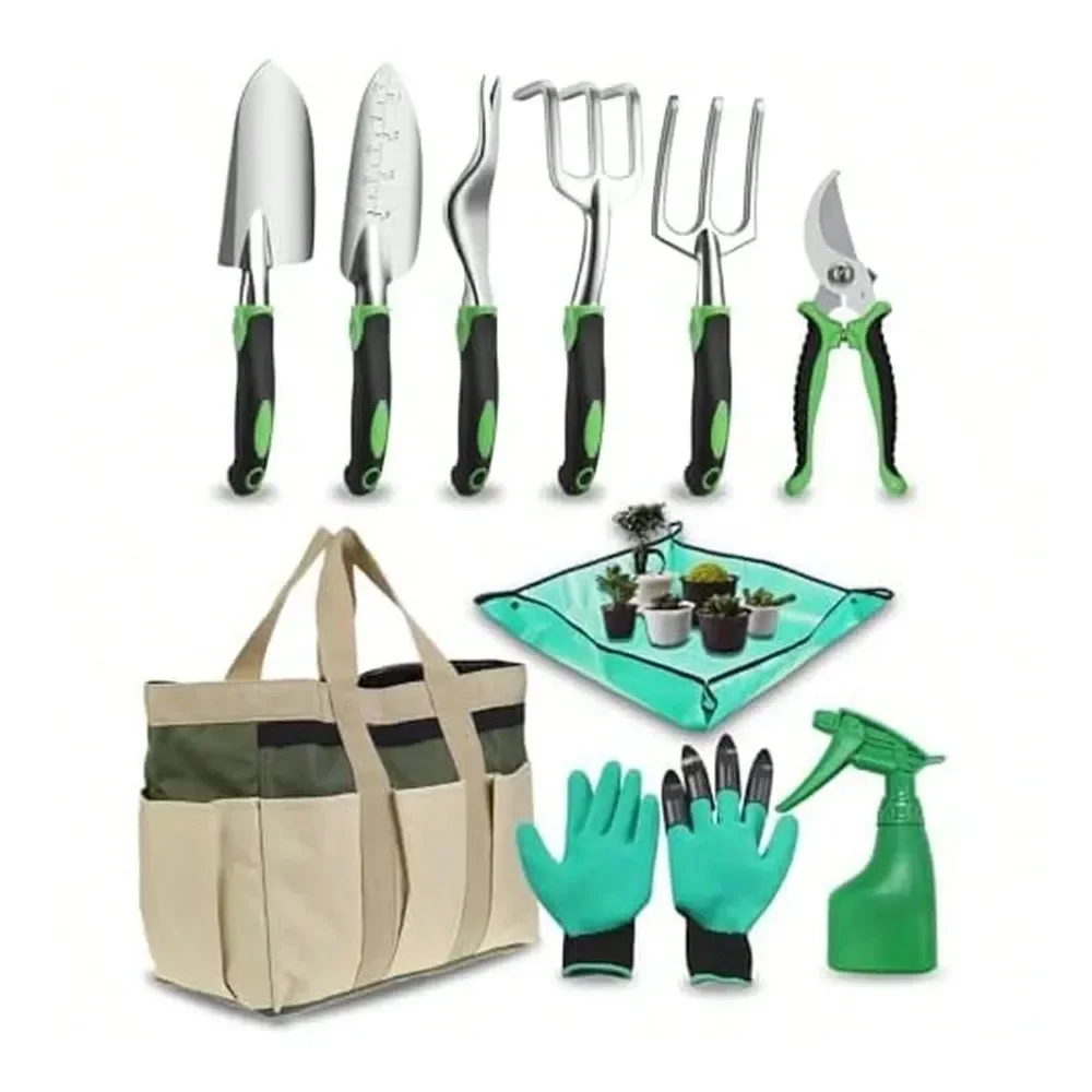 

Garden Tool Set, Heavy Duty Gardening Tools With NonSlip Rubber Grip, Includes Shovel Trowel Fork Rake Gardening Gloves Organiz