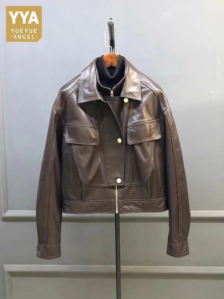 Designer Women Double Collar Work Jacket Vintage Sheepskin Genuine Leather Jacket Autumn Loose Fit Motorcycle Coat Streetwear