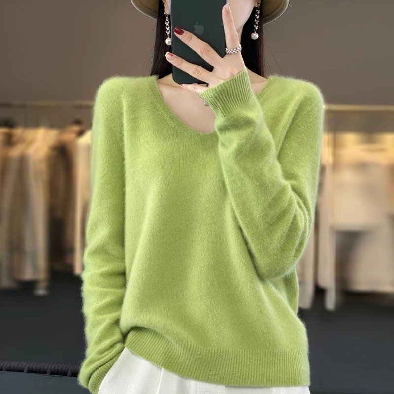 100% wool cashmere sweater women\'s V-neck pullover casual knit top autumn and winter new fashion loose Korean women\'s coat