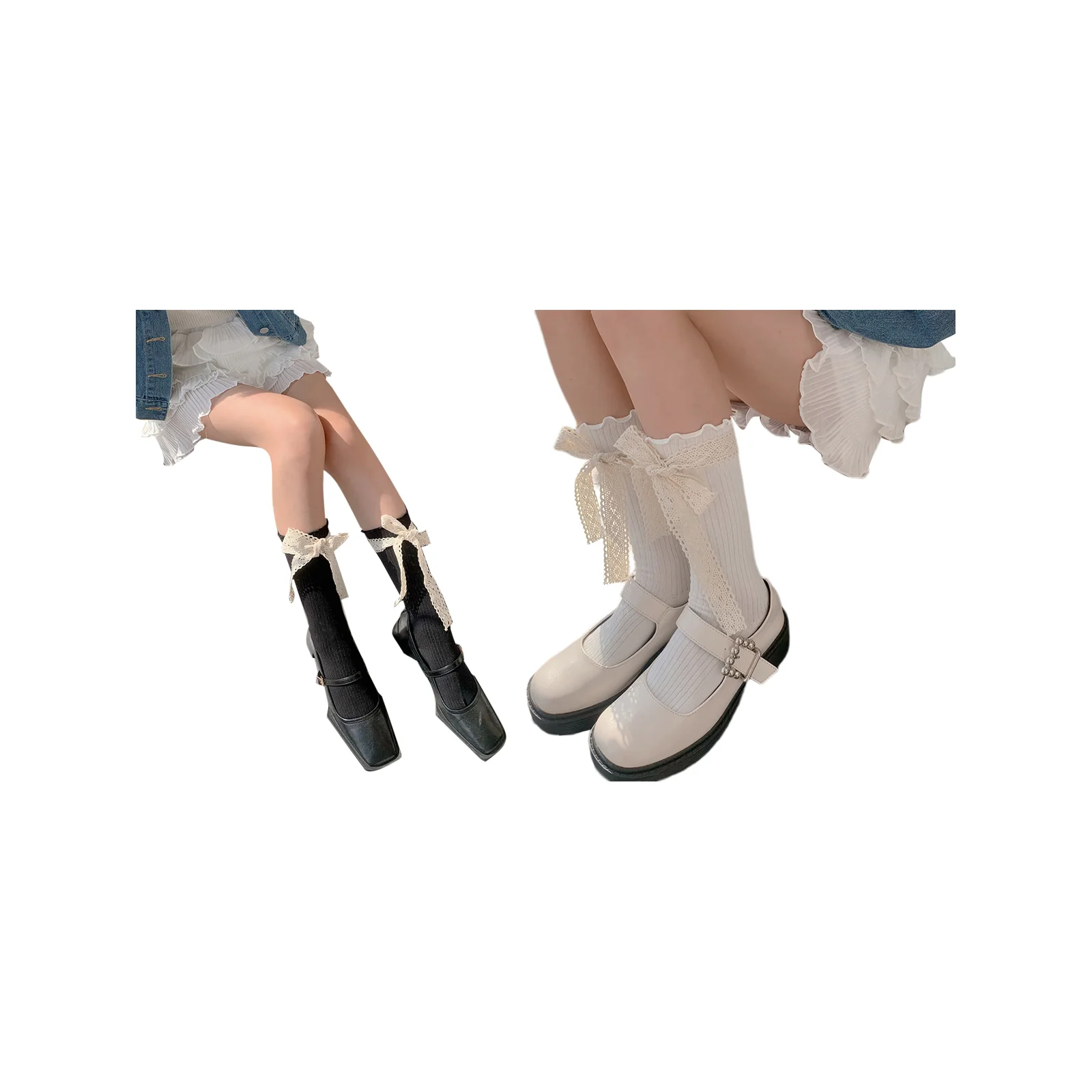 

Черно-белый комплект носков в стиле лолита с кружевным бантом до середины икры.