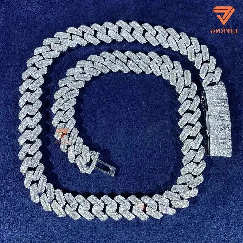 

14mm Baguette Chain 925 Silver Hip Hop VVS Diamond Moissanite Cuban Link Necklace Fashionable Hip Hop Style