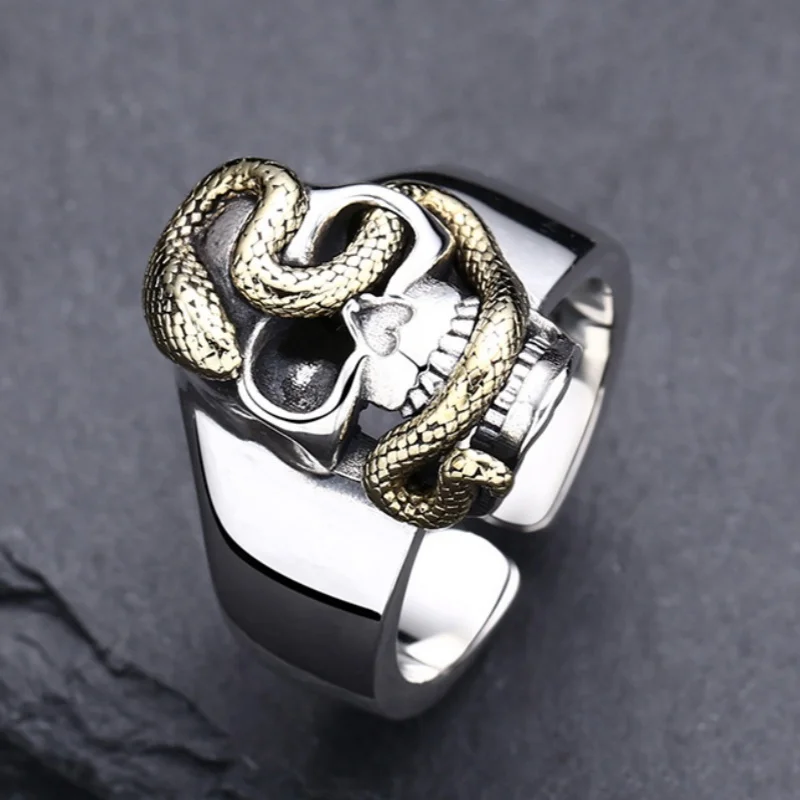 Genuine S925 Sterling Silver Rings for Women Men New Fashion Contrast Colors Snake Python-skull Punk Jewelry Wholesale