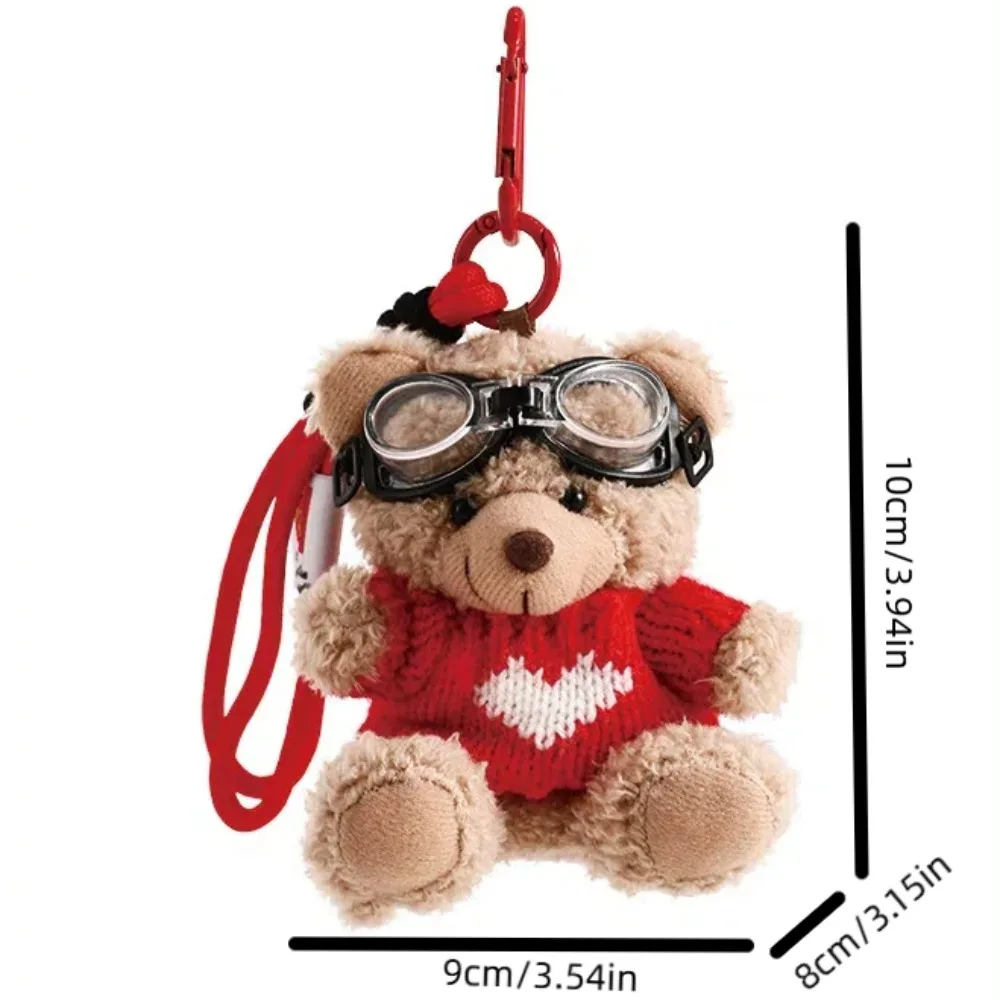 Kawaii Goggles Pilot Bear Keychain Bell Hanging Rope Plush Bear Key Ring Doll Clothing Heart Stuffed Animal Pendant Backpack