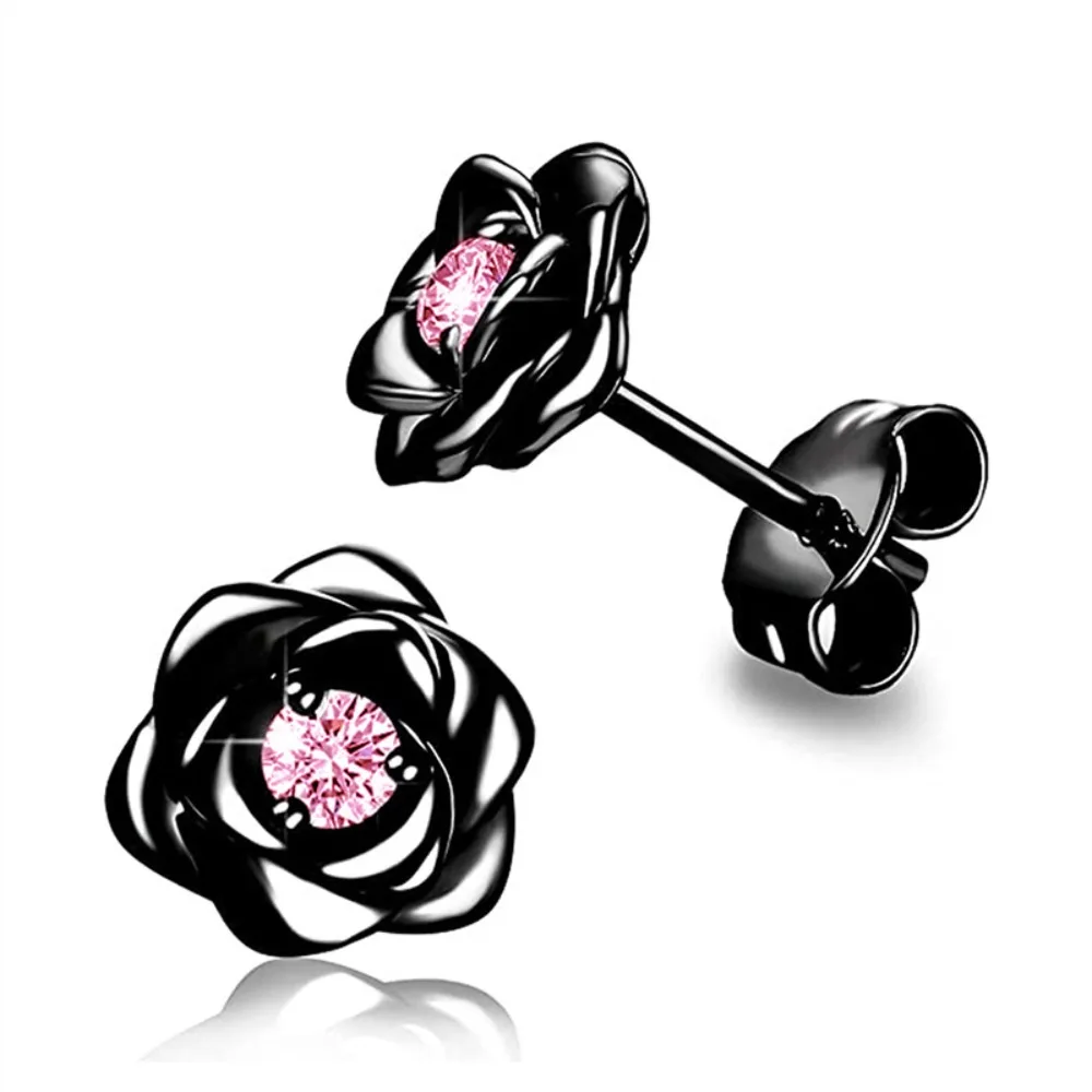 Fashion Sweet Inlay Pink Clear 5A Zircon Multi Color Metal Rose Shape Stud Earrings for Women Dainty Stackable Piercing Jewelry
