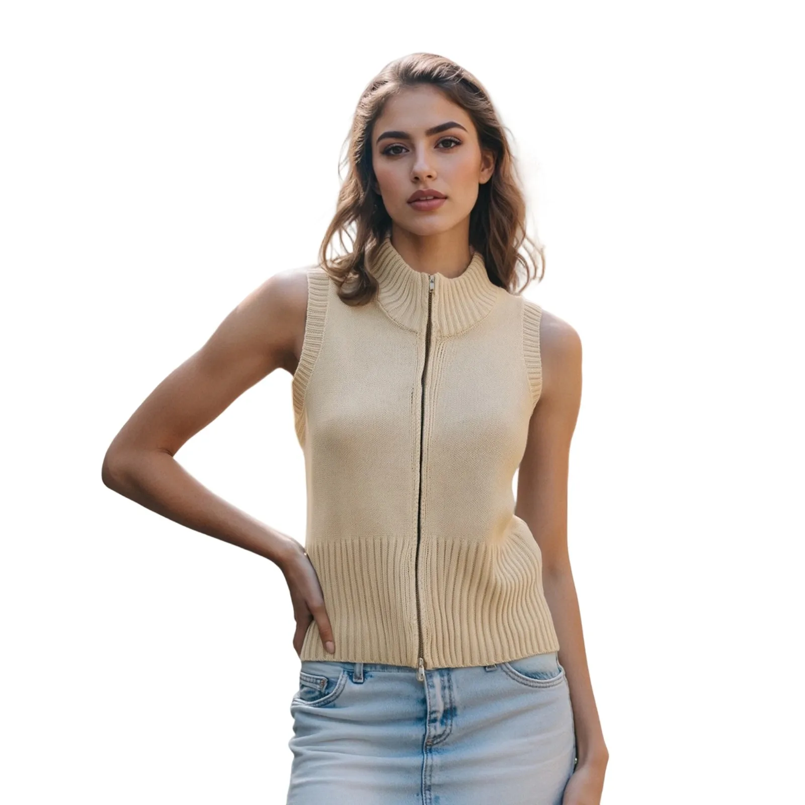 

Женский осенне-зимний вязаный жилет, повседневная стильная однотонная куртка без рукавов с ребристой отделкой и воротником-стойкой на молнии