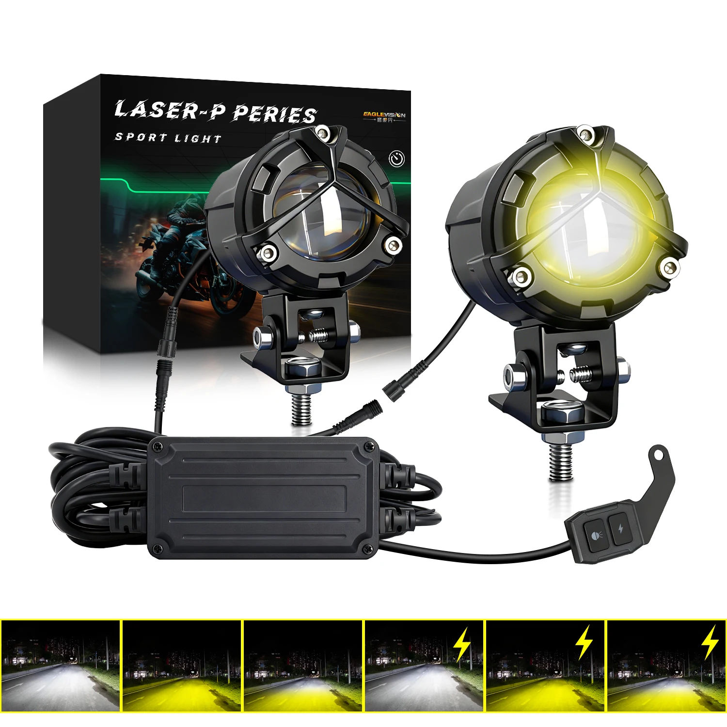 2Pcs Motorcycle Headlight Fog Lights White High Yellow Low Beam 40W 3000LM 6 Modes LED Spotlight For ATV Truck Dirt Bike SUV UTV