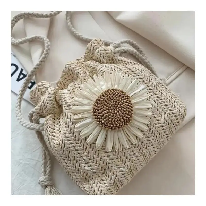 

1 Pcs Casual Daisy Crossbody Bag Shoulder Bag Women Mesh Drawstring Bucket Bag Slanted Body Small Bag Flower And Grass Woven Bag