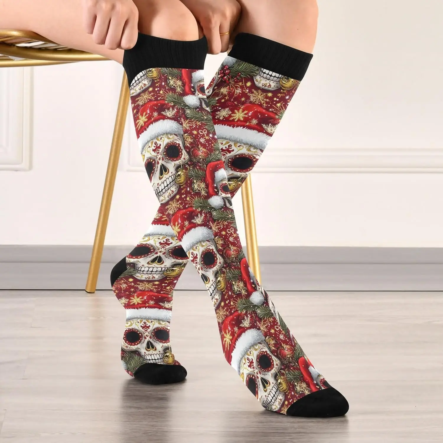 Sugar Skull Christmas Compression Socks for Women Men Knee High Socks for Running Athletic Nurse Cycling Sports