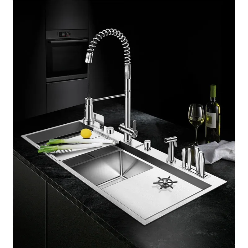 

European 4MM thickened 304 stainless steel household handmade sink set double sink kitchen large vegetable basin