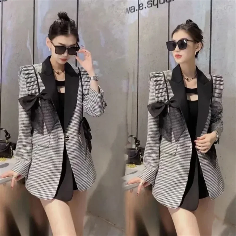 

Popular European Heavy Industry Suit Coat Women Spring 2024 New Korean Edition Reduced Age Thousand Bird Checker Bowtie Blazer