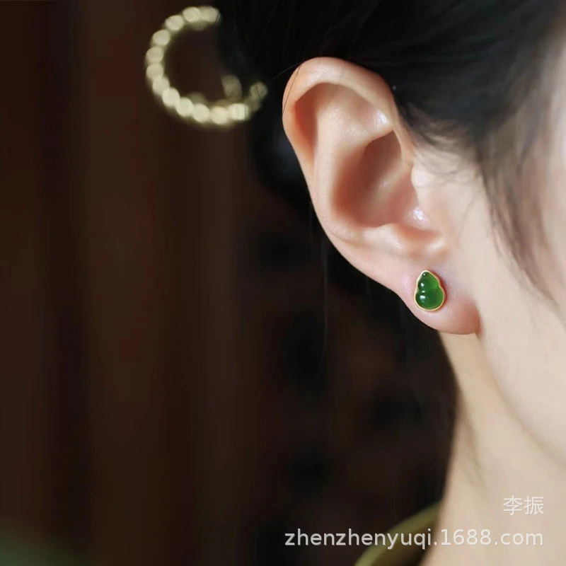 Natural Hetian Jade Women, 925 Sterling Silver Jadeite-Shaped , Green Earrings