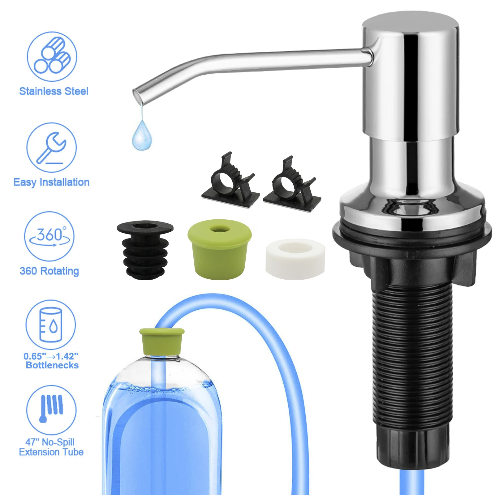 Liquid Soap Dispenser with Extension Tube Sink Mount Stainless Steel Hand Pressure Soap Dispenser Kitchen Sink Pump