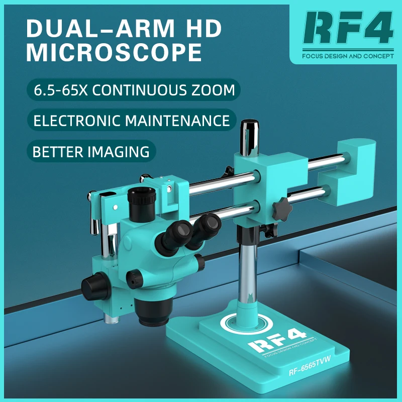 RF4 6,5-65X 360 °   Staffa a doppio braccio Zoom sincrono Ingrandimento Osservazione Microscopio stereo binoculare trioculare RF6565TW