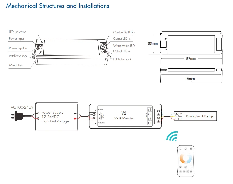 V2 DC12V 24V LED Controller 2CH 10A 2.4G Wireless Remote Control RF LED Dimmer for 5050 3858 COB CCT WW/CW LED Strip Light