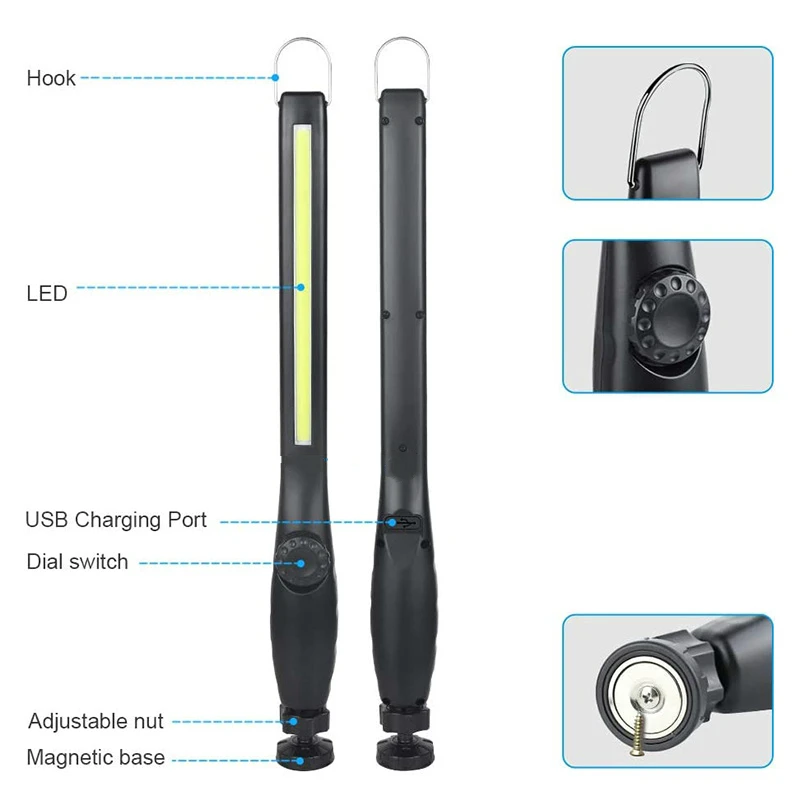 USB recarregável COB LED luz de trabalho, portátil Magnetic Cordless Inspeção Luz, Reparação Automóvel, Casa, Oficina, Emergência