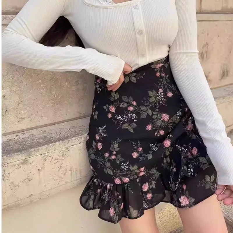 Französischer Vintage-Blumenrock mit Rüschen und Hoher Taille, Neuer Frühlings- und Sommer-Schlankheits-A-Linien-Fishtail-Minirock für Damen