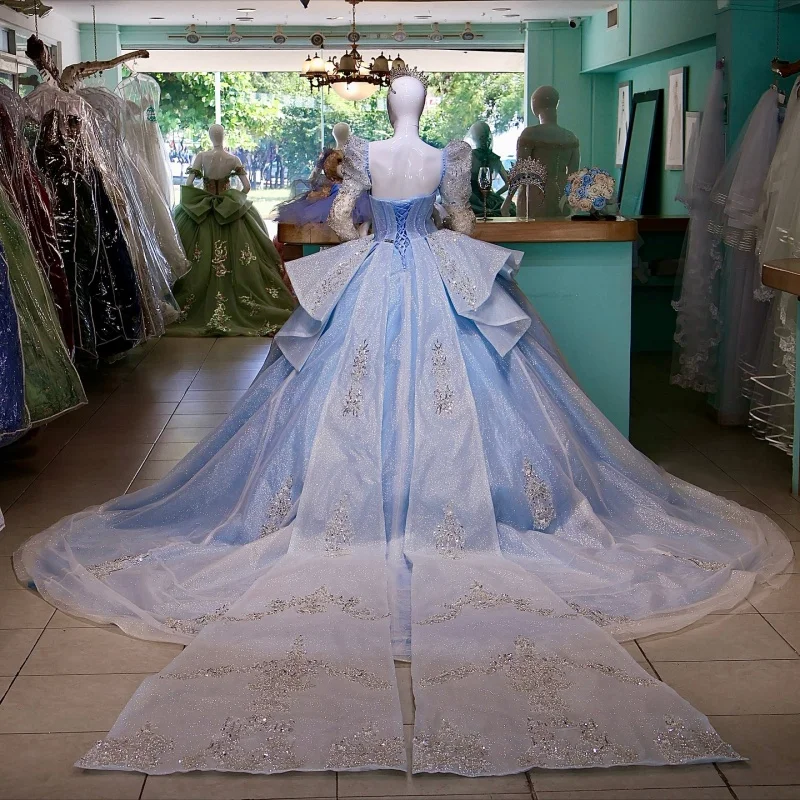 Sky Blue Shiny Quinceanera Dresses Ball Gown Off The Shoulder Sequin Applique Lace Beading Crystal Tull Party Birthday Sweet 16