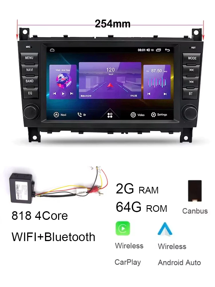 Voor Benz CLK W203 W209 2005-2012 8 "Carplay Auto Android 14.0 254mm 720P IPS Auto Dvd-speler GPS kaart WIFI BT RDS Radio 4G WIFI