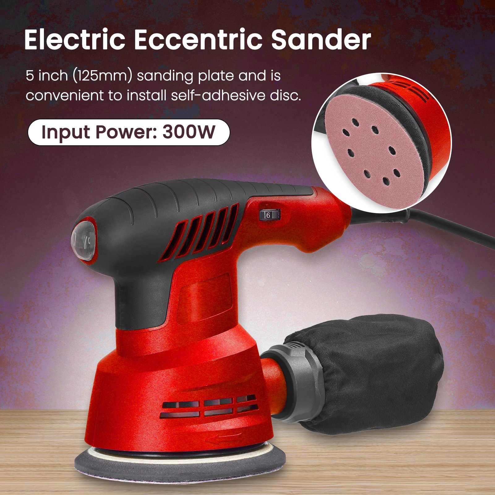 300W Handheld Electric Eccentric Sander 5Inch 125mm Sanding Plate Electric Sander Wood Processing Furniture Car Polishing Machin