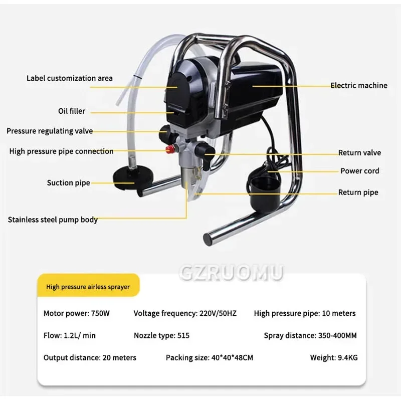 Pulvérisateur de Peinture Électrique Professionnel Sans Air, Machine de Revêtement en Poudre, 750 l/min, pour Meubles, Cour et Mur, 1.2 W