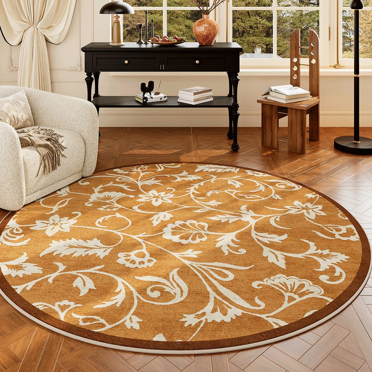 Retro Round Carpet for Living Room Light Luxury Floral Short Plush Floor Mat Bedroom Bedside Rugs Chair Mats Anti-slip Rug 원형러그