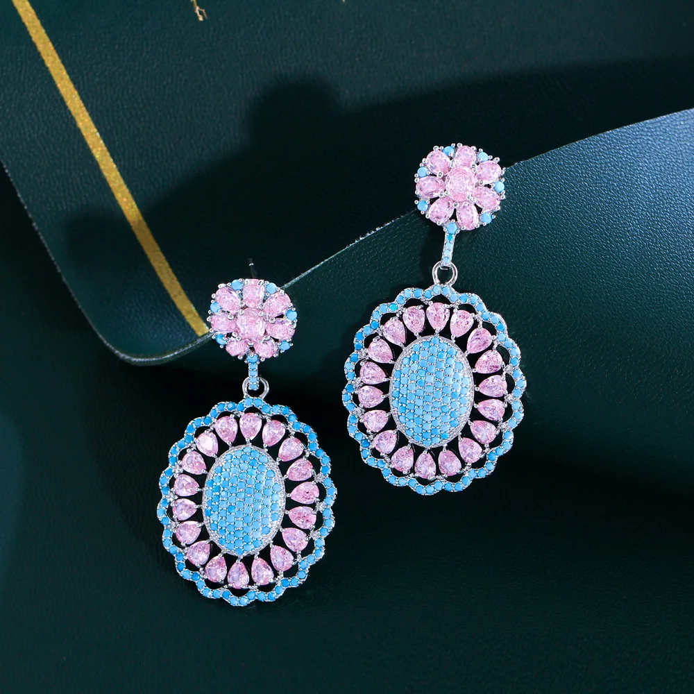 CWWZircons Heavy Stone Work Light Blue and Pink Cubic Zirconia Pave Big Long Flower Earrings Luxury Party Wedding Jewelry CZ736