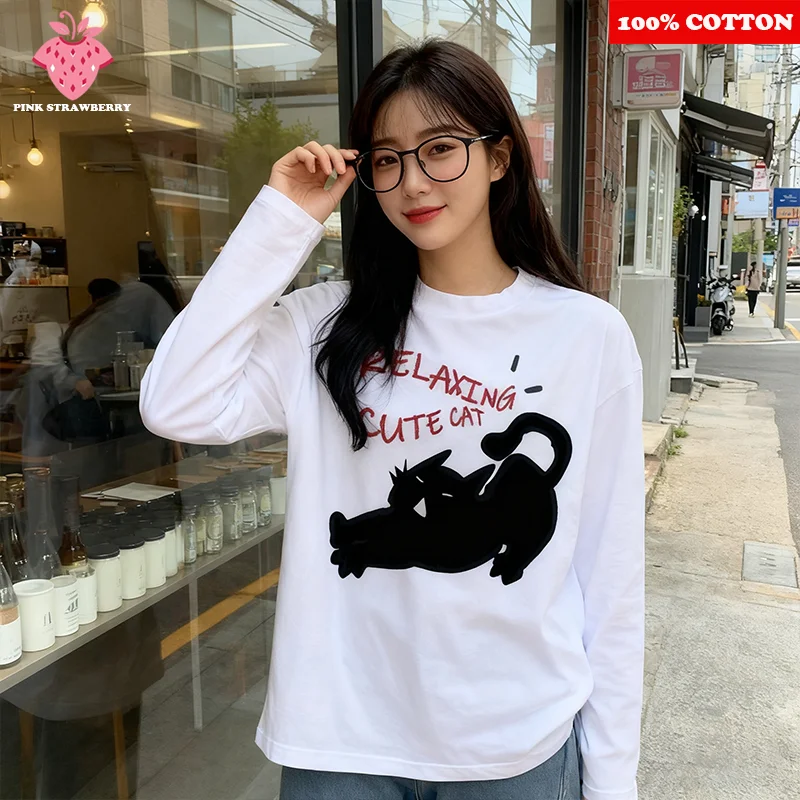 

Cute Black Cat Print T-shirt Women 2025 Autumn New 100% Cotton Oversize White Long Sleeves T-shirt Loose Y2k Top Ladies clothing