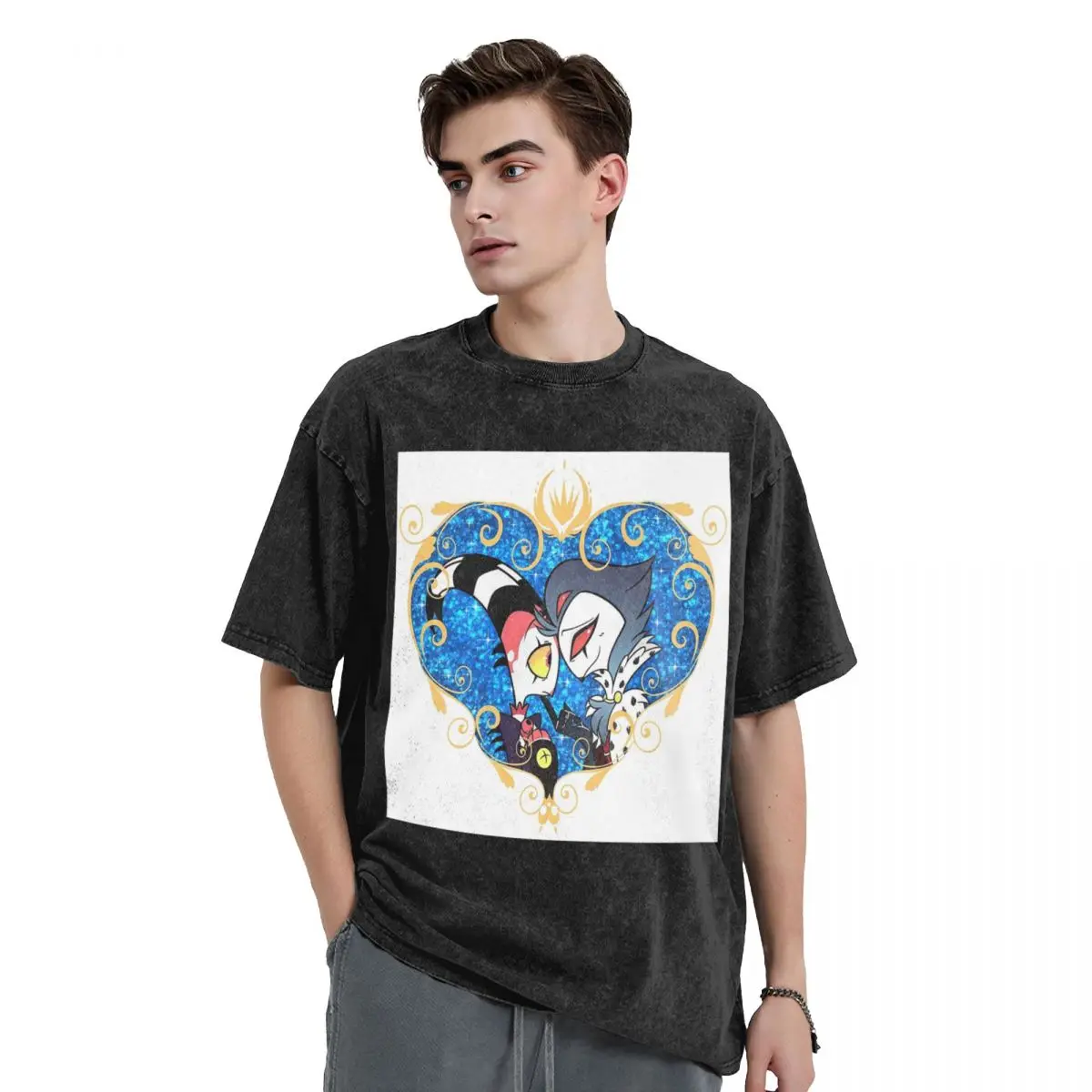 Helluva Boss Stolas And Blitzo Heart Frame Washed T Shirts Vintage Short Sleeve Hip Hop T-Shirt Streetwear Tops Tees for Men