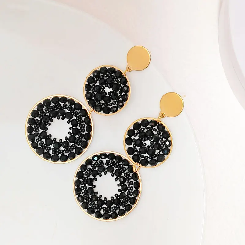 

Beaded earrings Roundness Double-deck Originality Crystal Hollow out Black. Hand knitting Bohemia Alloy Tide Rice bead earrings