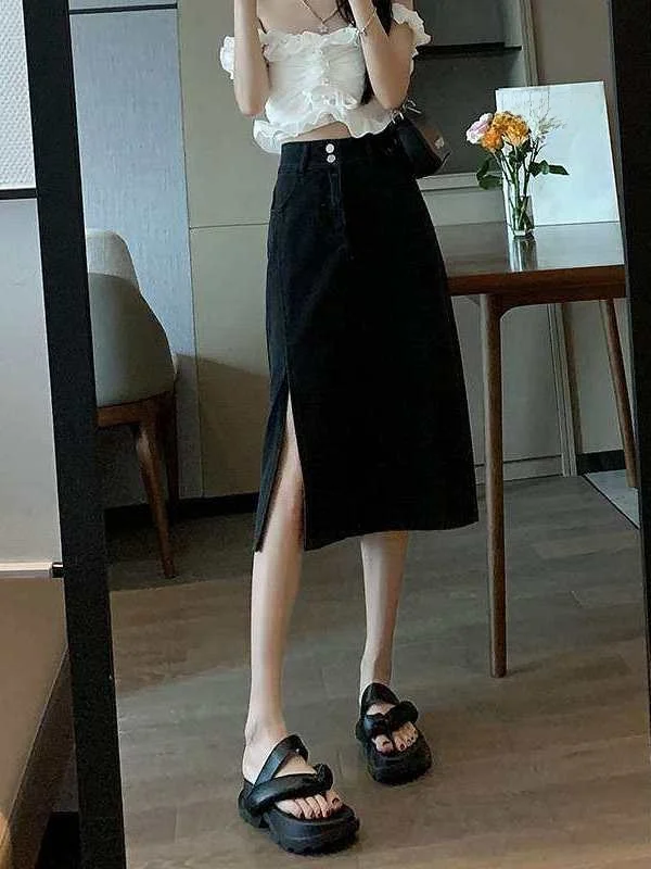

High Waist Split Denim Skirt Women's Summer Stretch Loose mid Sweet Sle mid Waist PVC Fabric Ciwalk Batwing pe