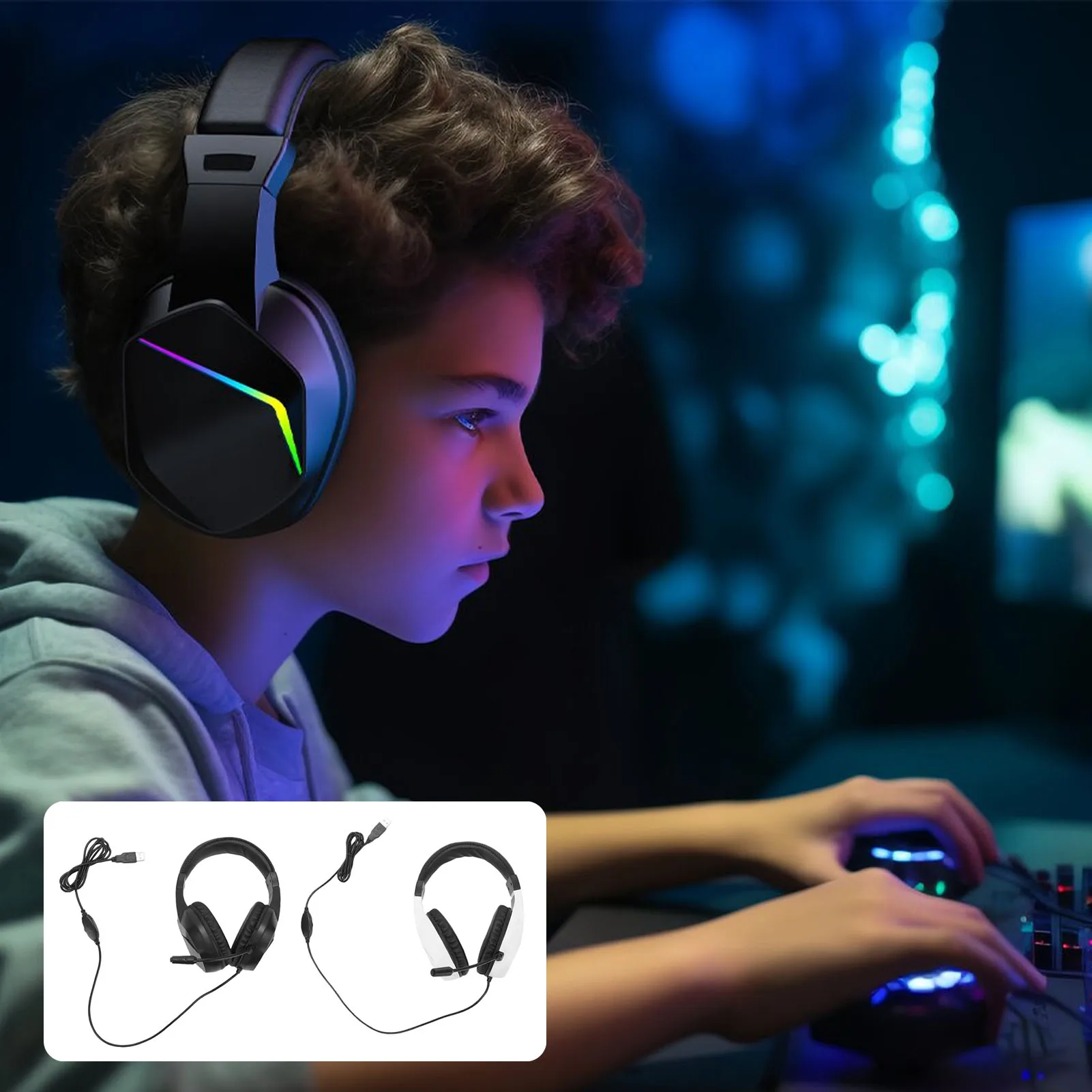 Wired USB A Headset for PC RGB Lighting Headphone with 7.1 Surround Stereo Noise Cancelling Mic 40mm Driver Memory Foam Cushion