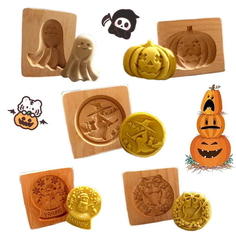 Wooden Cookie Molds Halloween Cookie Cutter Christmas Shaped for Cookies Easter Moulds for Baking 3D Cookie Stamps for Kids