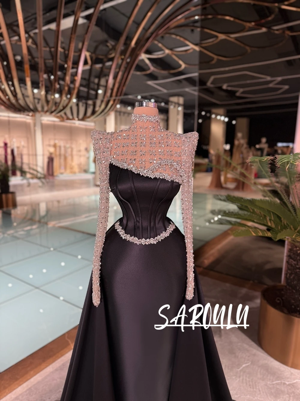 

Vintage Elegant Black Satin Formal Evening Gown Sheer Rhinestone Neckline Long Sleeve Corset Waist Dress For Wedding Guest Event