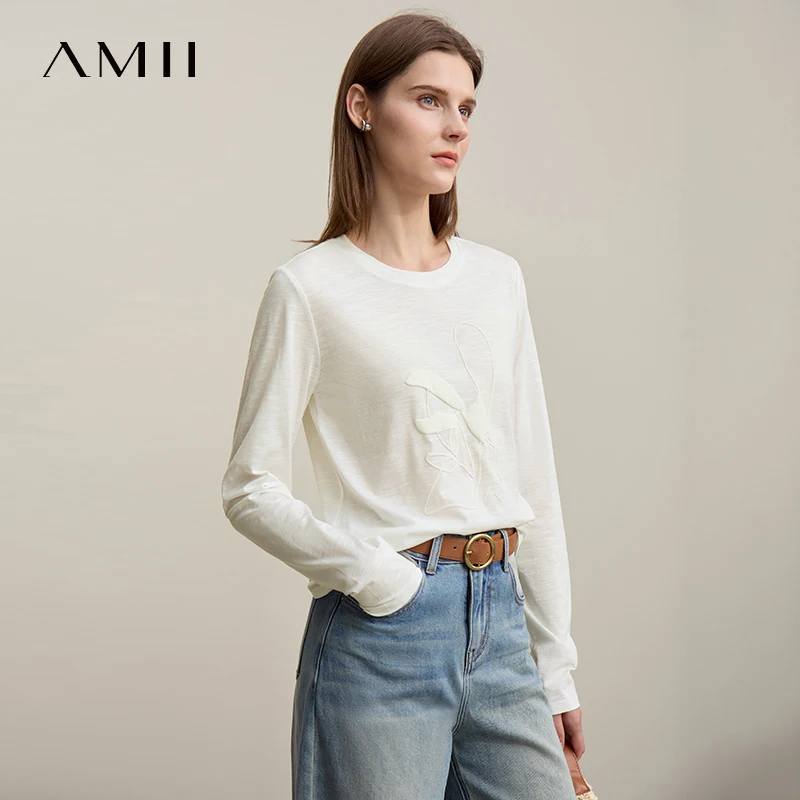

Amii T-shirt 2026 Spring New O-Neck Printing Mercerized Bamboo-joint All Cotton Long Sleeve Tee Versatile Top Women 12621015