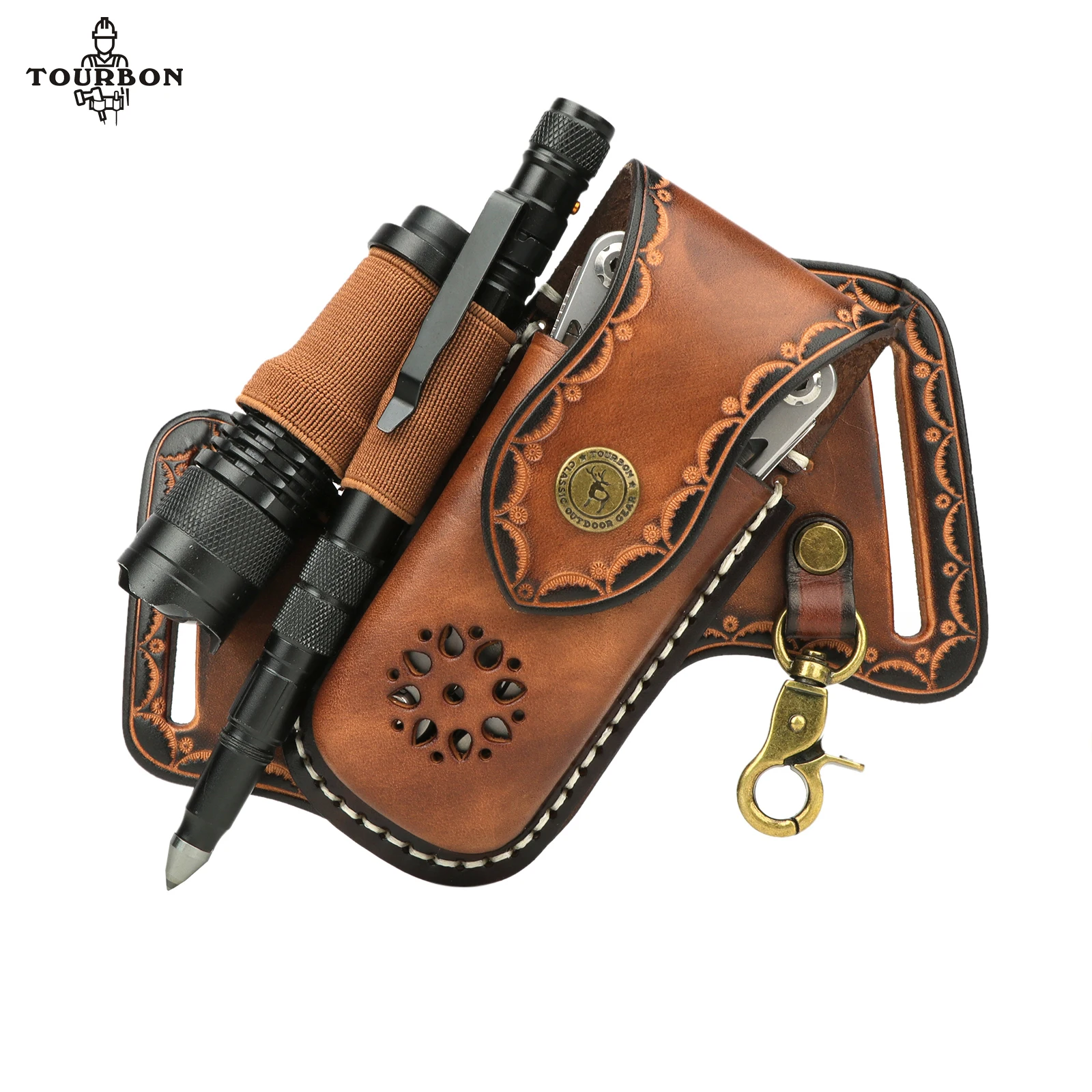 Tourbon Leather EDC Pocket Organizer Folding Knife Pouch Multitool Sheath with Flashlight Holder Pen Loop for Belt Brown