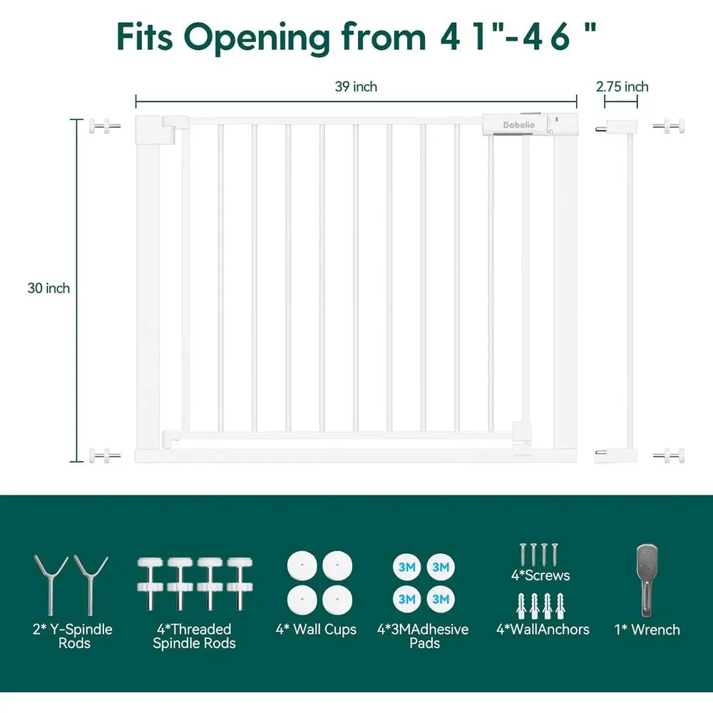 بوابة للحيوانات الأليفة بعرض 41-46 بوصة مع ميزة قابلة للقفل والمشي والإغلاق الذاتي، باللون الأبيض