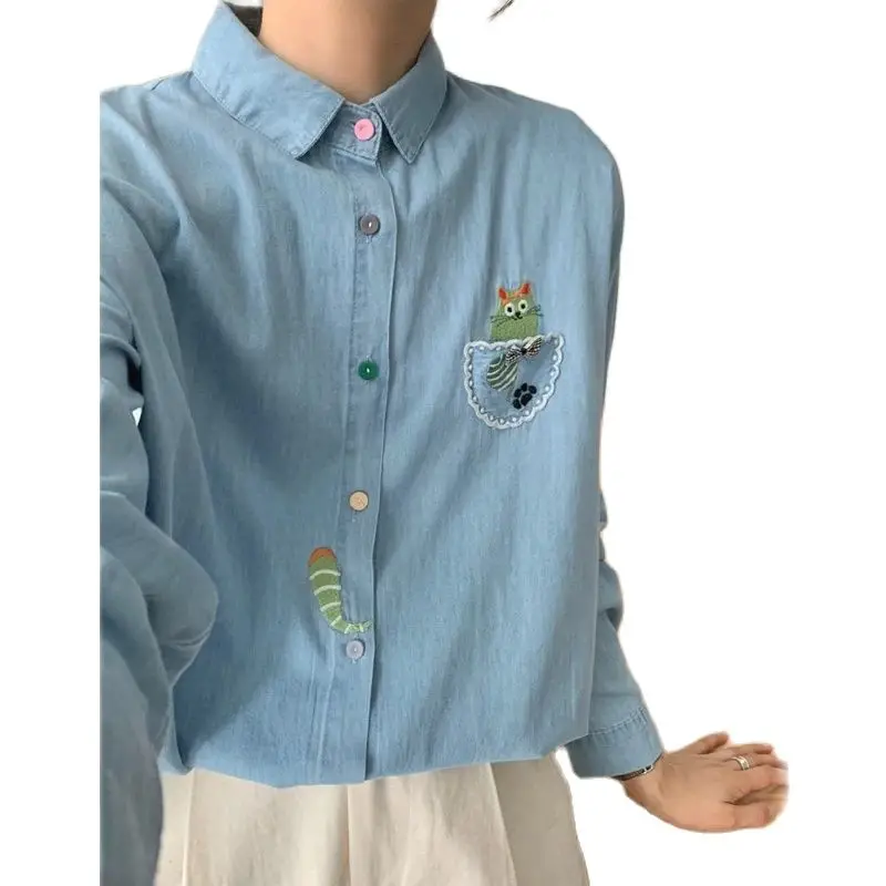 New Summer Cotton Long Sleeve Denim Shirt, Woman Lapel Embroidery Tops, Mori Girl Lace Sweet Loose Blouses, 2024 Fall T47682QC